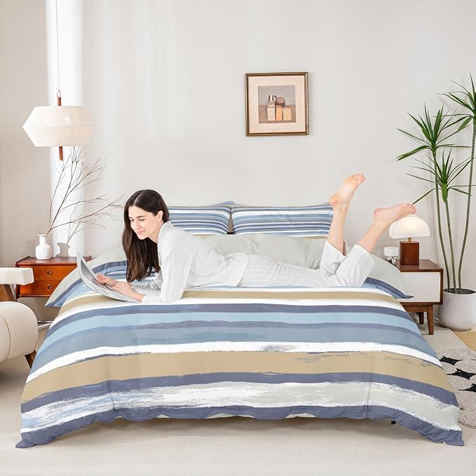 Erosebridal Brown Navy Beige Comforter Cover White Teal Grey Bed Set, Aesthetic Striped Duvet Cover Twin Size Wave Line Bedding Sets, Grunge Minimalism Bedspread Cover Lightweight