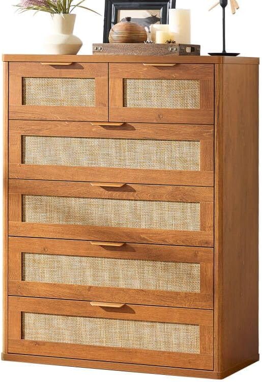 LEYAOYAO Rattan Dresser for Bedroom, 41" Tall Chest of Drawers, Modern 6 Drawers Boho Dressers with Storage, Vintage Brown Dresser Wooden Closet Organizer for Living Room, Hallway
