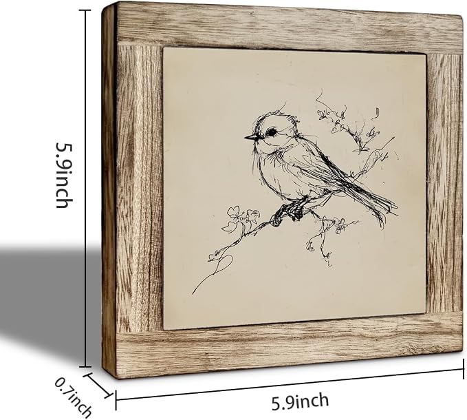 Minimalist Bird Sketch Wooden Desktop Sign, Vintage Line Drawing Bird Wood Plaque Tabletop Decor, Rustic Farmhouse Nature Wooden Sign for Home Office Shelf