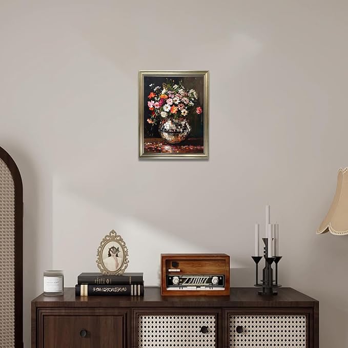 Disco Ball Wall Decor, Retro Eclectic Wall Art, Vintage Framed Colorful Moody Florals Painting, Maximalist Funky Flowers Bouquet Print Artwork