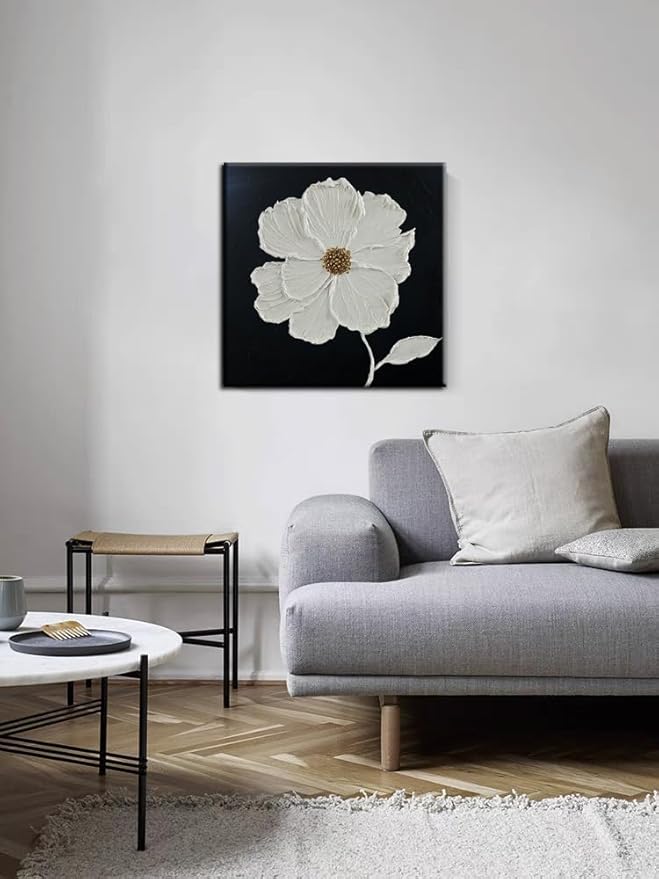 YaSheng Art - Thick Texture Flowers Abstract Oil Painting Hand-Painted Black and White Wall Art Minimalist modern Art Paintings Home Living room Room Dining Room Bedroom Wall Decorative Art Oil Painting 24x24inch