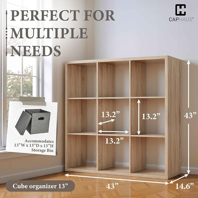 CAPHAUS Sturdy Room 13-Inch Cube Storage Organizer Shelf, with Extra Thick Exterior Edge, Open Storage Shelf Divider, Bookcase, 9-Cube, Natural Oak