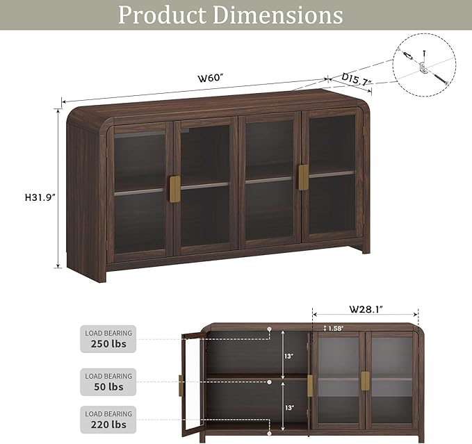 Oak&Sparrow Oak Sideboard Buffet Cabinet with Storage, 60'' Boho Buffets & Sideboards with Adjustable Shelves, Sideboard Cabinet with 4 Glass Doors for Living Room, Hallway & Kitchen