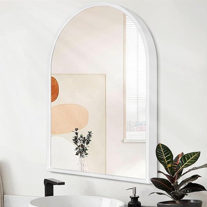 Wall Mirror Arched Metal Framed Mirrors for Wall Modern Hanging Mirror with Aluminum Frame for Bathroom Bedroom Living Room Entryway Home Decor White 28"x20"