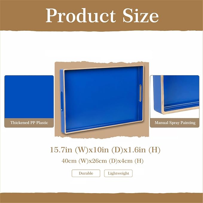 Decorative Tray, Rectangular Plastic Tray with Handles, Modern Vanity Tray and Serving Tray for Bathroom, Kitchen, Ottoman and Coffee Table, 15.6” x 10.2” (Drak Blue)