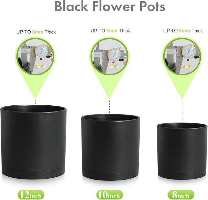 Meowell 12/10/8 inch Large Deep Plant Pots, 3 Pack Tall Cylinder Flower Pots for Outdoor Indoor Plants, Plastic Planters with Drainage Holes and Saucers for Garden Porch House Plants, Black