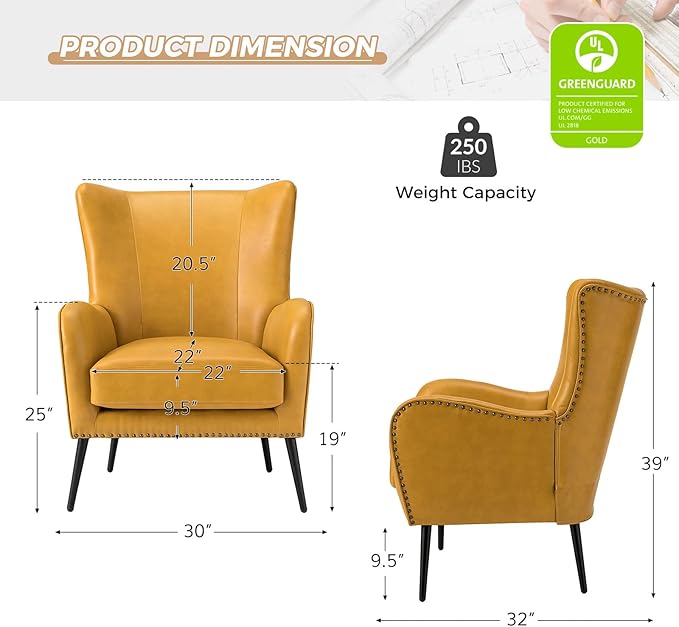 HULALA HOME Faux Leather Accent Chair Set of 2 with Removable Cushion, Comfy Upholstered Armchair with Metal Legs & Nailhead Trim Wingback Vanity Chair for Reading Living Room Bedroom, Yellow