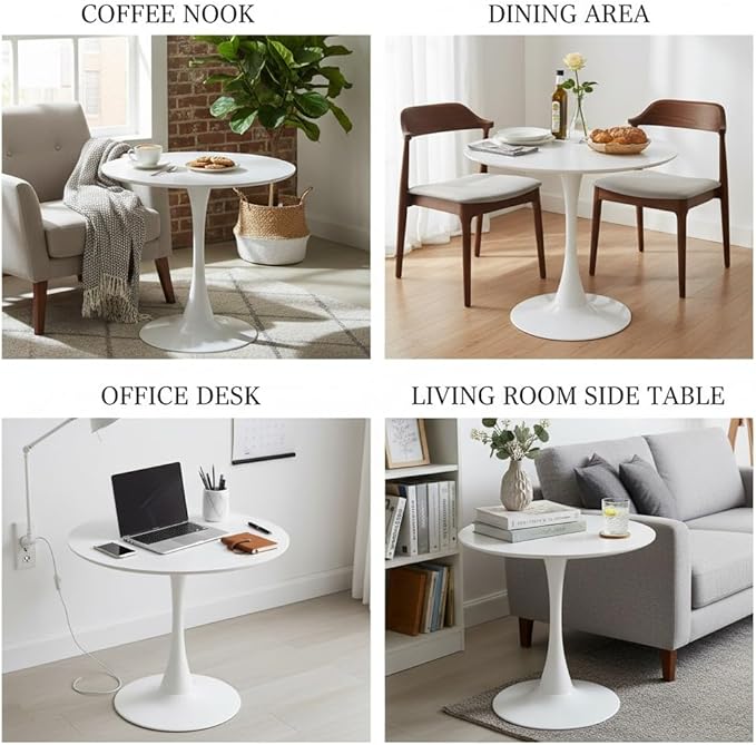 White Tulip Table - 31.5 Inch Mid-Century Modern Round Dining Table for 1-2 Person,Small Space Round Table for Kitchen,Living Room,Office,Cafe,Easy Assembly