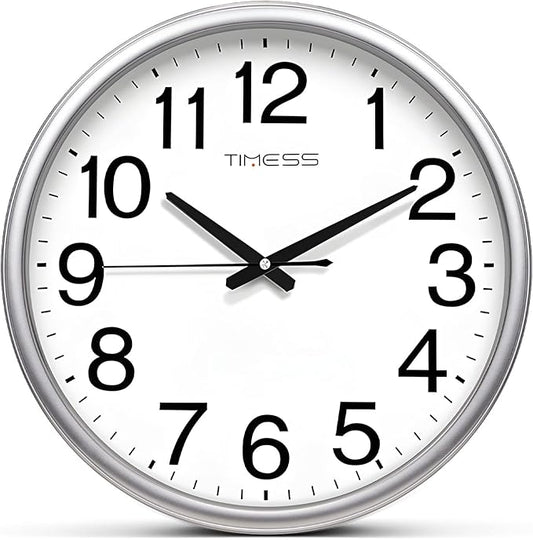 Wall Clock, 18 Inch Large Dial Non-Ticking Silent Battery Operated Quality Analog, Ultra-Quiet Movement Quartz, Timeless Stylish Clock, Ideal Modern Home, Office Décor (Sliver)