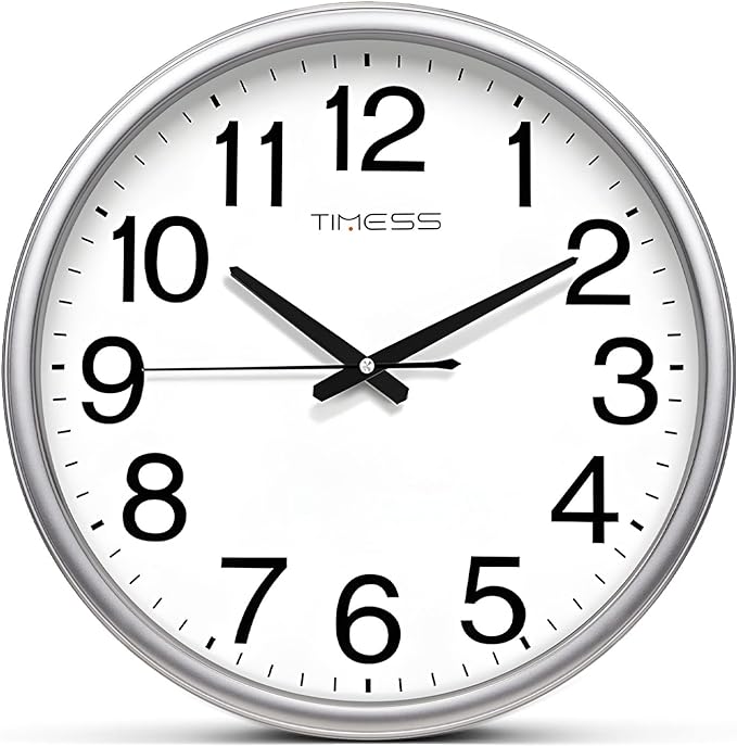 Wall Clock, 11 Inch Large Dial Non-Ticking Silent Battery Operated Quality Analog, Ultra-Quiet Movement Quartz, Timeless Stylish Clock, Ideal Modern Home, Office Décor (Sliver)
