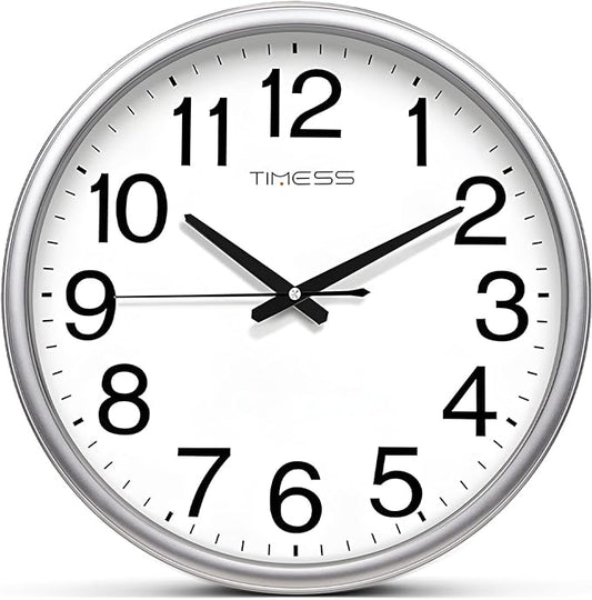 Wall Clock, 11 Inch Large Dial Non-Ticking Silent Battery Operated Quality Analog, Ultra-Quiet Movement Quartz, Timeless Stylish Clock, Ideal Modern Home, Office Décor (Sliver)