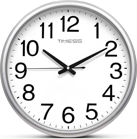 TIMESS Wall Clock, 13 Inch Large Dial Non-Ticking Silent Battery Operated Quality Analog, Ultra-Quiet Movement Quartz, Timeless Stylish Clock, Ideal Modern Home, Office Décor (Sliver)