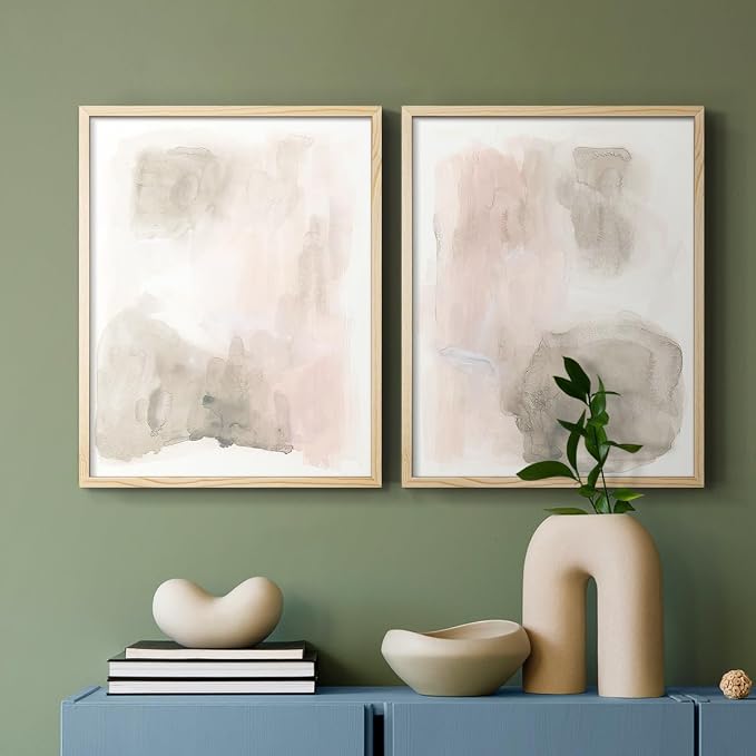 Renditions Gallery Set of 2 Peel & Stick Framed Prints, Watercolor Abstract Wall Art, Nude Color Neutral Aesthetic Wall Decor, Re-Stickable - Ready to Hang - 8"x10" - NATURAL WOOD Frame LT588