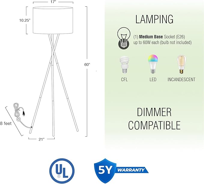 Kira Home Sadie 60" Modern Tripod LED Floor Lamp + 9W Bulb (Energy Efficient/Eco-Friendly), Honey Beige Drum Shade, Oil Rubbed Bronze Finish