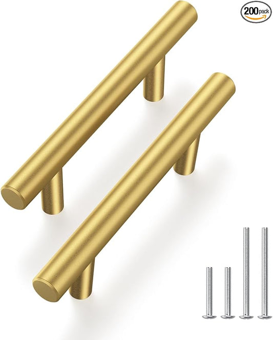 Haliwu 200 Pack Cabinet Handles Brass Gold Cabinet Pulls 3 Inch Hole Center Drawer Pulls Modern Bar Dresser Handles for Bathroom Kitchen Bedroom
