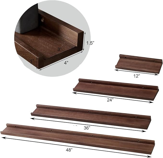 Long Floating Shelf 48 Inch Natural Wood Shelves for Bedroom, Rustic Display Books Picture Ledge Shelf for Wall Mounted, Solid Walnut Wood Shelf, Easy to Install, Walnut Color, 48 *4 *1.5 (1 Pack)