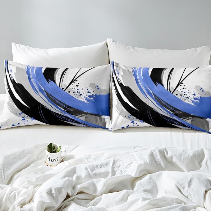 Erosebridal Black and Blue Kids Bedding | Modern Geometric Striped Duvet Cover for Boys Girls Contemporary Watercolor Graffiti Bed Set Boho Minimalist Aesthetic Art Bed Cover Twin 2 Pieces