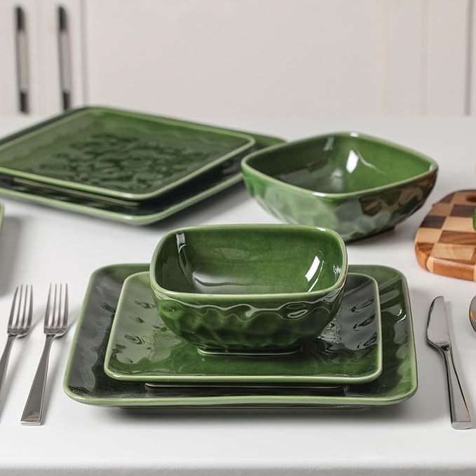 Vicrays Ceramic 24 Pieces Square Dinnerware Set - Dinner Plates Salad Plates Cereal Bowls Set Service for 8 - Scratch Resistant Microwave Oven Dishwasher Safe - Green