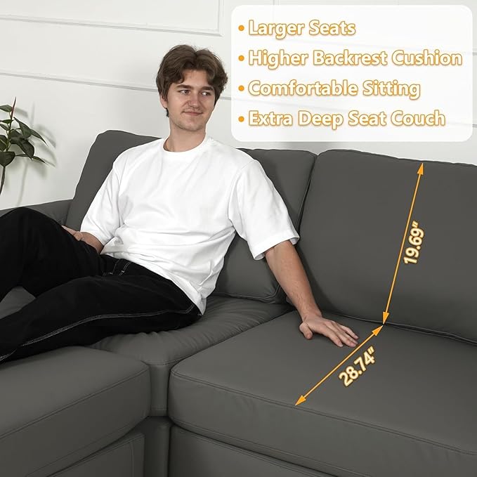 EASE MOOSE 3 Seater Deep Seat Sectional Sofa, Scratch Resistant Faux Leather Material, Oversized Modular Couch for Living Room,Modern Comfy Sofas for Small Spaces,Grey