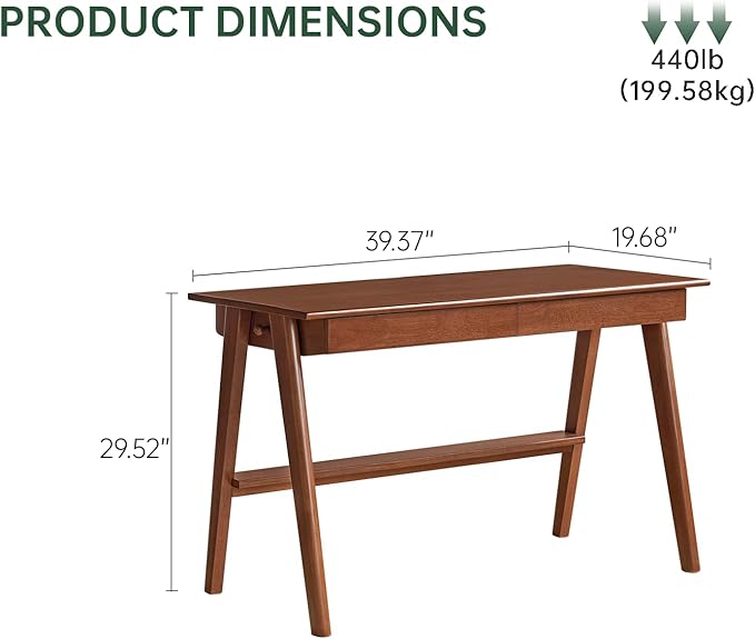 100% Solid Wood Desk Home Office Desk Mid Century Modern Rubberwood Writing Computer Desk with Drawer for Home Office 39" W