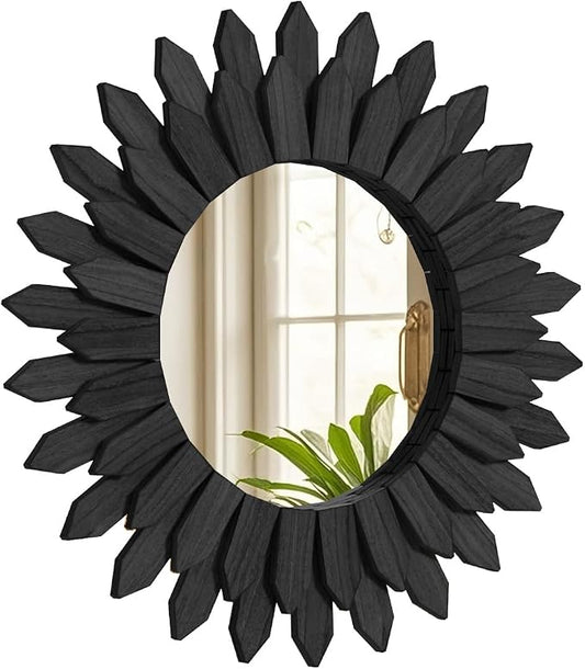 Boho Wood Sunburst Round Wall Mirror, 20 Inch Rustic Circle Wooden Frame Decorative Mirror for Farmhouse Coastal Home, Home Wall Decor for Living Room Entryway Bedroom, Black