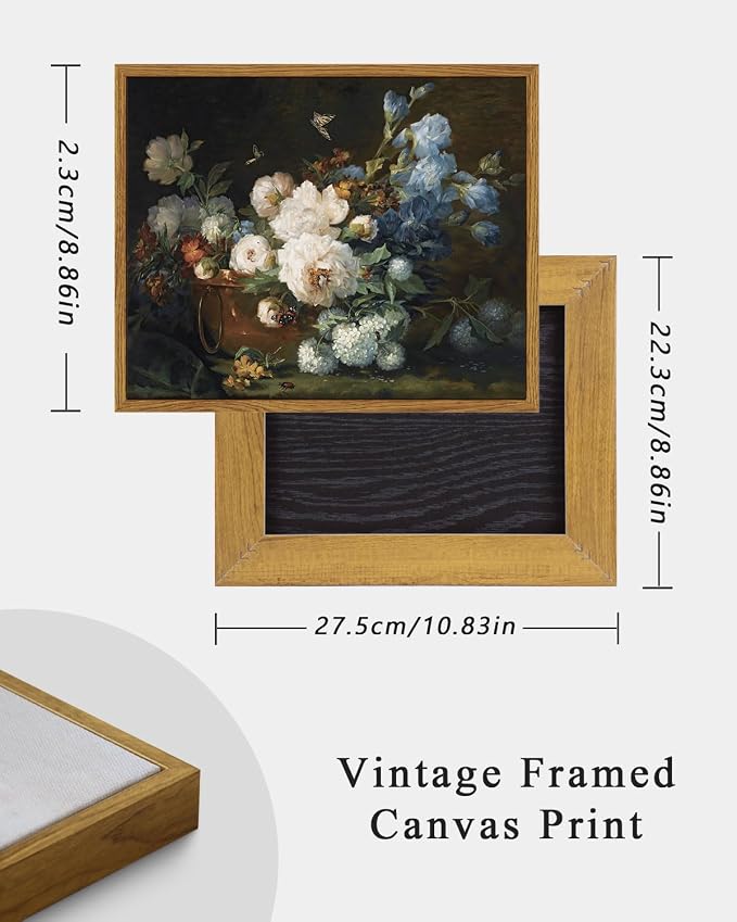 ARPEOTCY Vintage Framed Canvas Wall Art, Bathroom Hydrangea Peonies Floral Pictures Retro Wall Decor, Prints Art, Farmhouse Moody Bedroom Living Room Flower Paintings, 9x11Inch