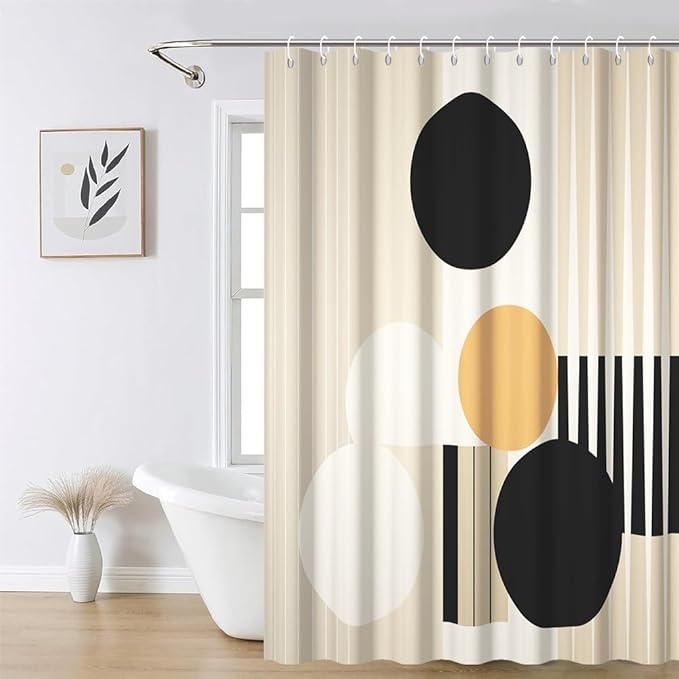 Mid Century Boho Shower Curtain for Bathroom Beige and White Striped Minimalist Neutral Bathroom Decor Modern Chic Aesthetic Bathtub Curtains Washable Waterproof Polyester Fabric with Hooks 69x75 Inch