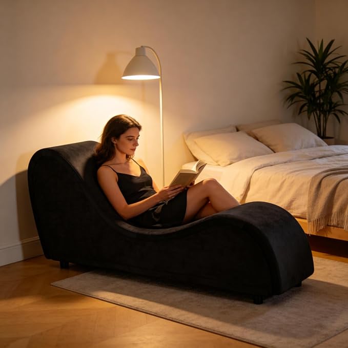 Black Ergonomic Curved Chaise Lounge Chair for Relaxing, Sofa Bench with Heavy-Duty Metal Frame & Removable Velvet Cover