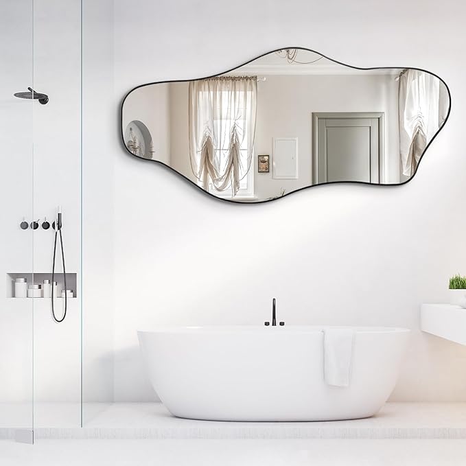 Irregular Mirror, 59"x25.5" Asymmetrical Full Length Mirrors, Large Abstract Frameless Mirror Decorative, Unique Shaped Mirrors for Living Room Bathroom Bedroom Hallway Entryway Fireplace