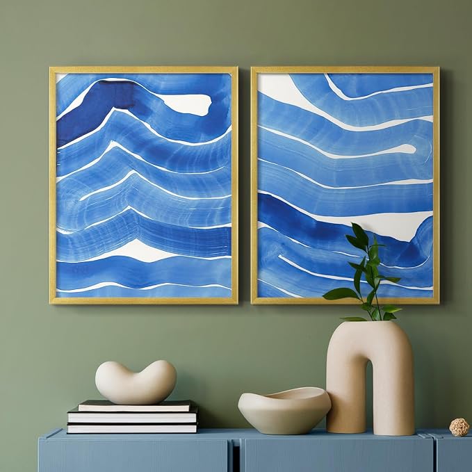 Renditions Gallery Set of 2 Peel & Stick Framed Prints, Watercolor Abstract Wall Art, Bold Brushstrokes in Shades of Blue Wall Decor, Re-Stickable - Ready to Hang - 8"x10" - GOLD Frame LT588