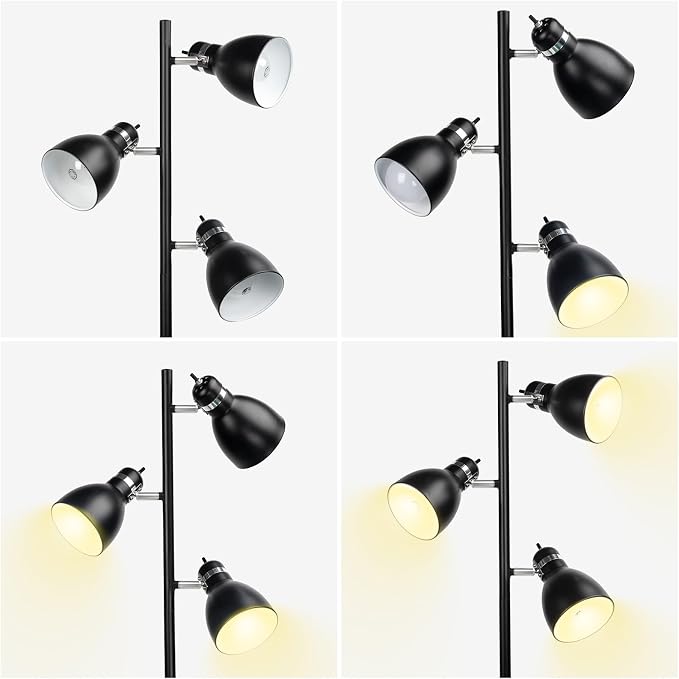 FIRVRE Modern Reading Floor Lamp, Industrial 3-Light Standing Lamp, Black Adjustable Rotation Heads, Modern Multi Head Reading Floor Lights, E26 Base