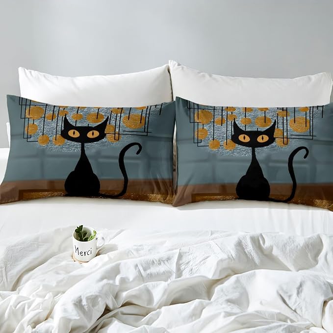 Erosebridal Black Cat Duvet Cover King Abstract Minimalist Geometric Bedding Set Modern Aesthetic Comforter Cover for Kids Girls Boys Adults Cartoon Animals Bed Set