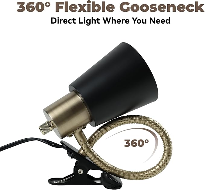 Desk lamp Eye-Caring Table Lamps, 360°Rotation Gooseneck Clip on Lamp Reading Light, Portable Reading Book Light, Clamp Light, Study Desk Lamps for Bedroom and Office Home Lighting (Black and Gold)