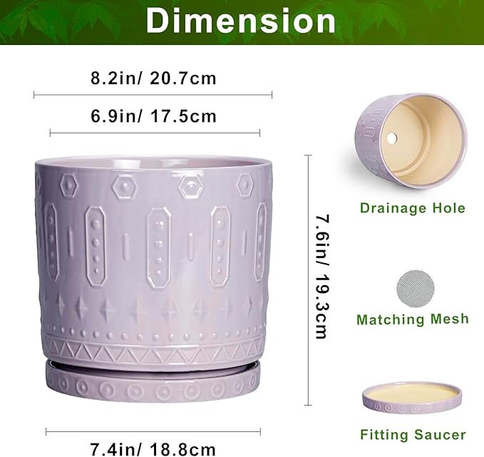 Eightpot Ceramic Flower Pots, 8 Inch Plant Pots Indoor Outdoor, Round Planter with Drainage Hole and Tray, Boho Planter, Decorative Pot for Plants, Apartment Decor, House Warming Gifts, Purple