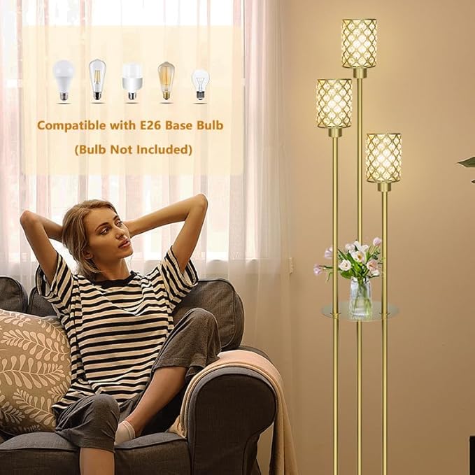 Gold Floor Lamps for Living Room, Standing Floor Lamp with shelves, Tall Lamp with Table, Modern Mid Century Floor Lamp with E26 Base, Coner Crystal Floor Light for Bedroom (Without Bulb) (Gold)