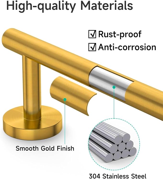 USHOWER Brushed Gold Towel Bar, 24-Inch Towel Racks for Bathroom Wall-Mounted, SUS304 Stainless Steel Towel Rod (Total Length 26-Inch)