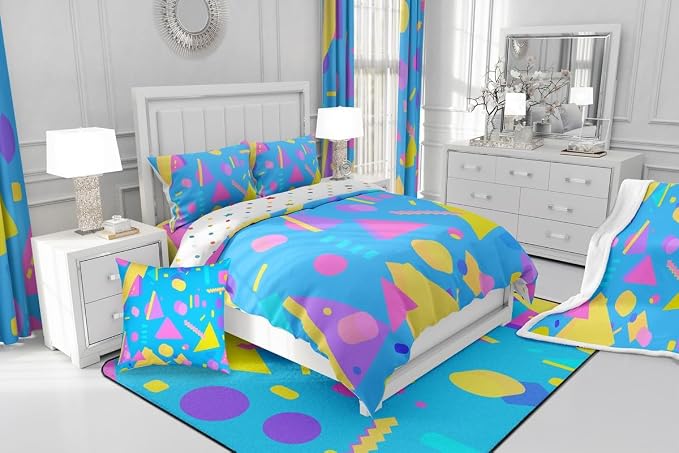 Geometric Duvet Cover 80s and 90s Hip Hop Bedding Set,Hipster Funky Comforter Cover Eighties Fashion Style Queen Bed Set,Round Triangle Square Diamond Shapes Artwork 1990S Memphis Home Decor