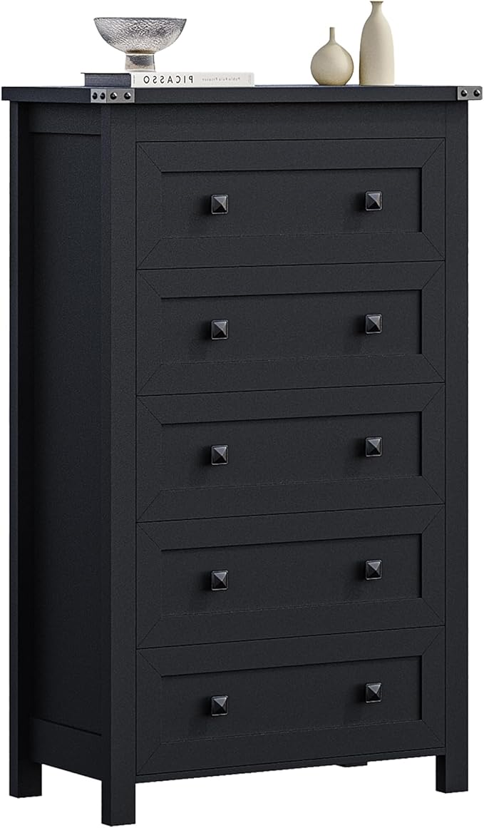 Black Dresser Tall 5 Drawer Dresser for Bedroom, Wooden Dressers & Chests of Drawers with Metal Handles, Modern Storage Cabinet and Organizer Drawers for Living Room, Hallway