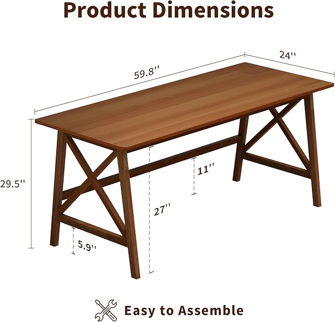 NELYE Modern Solid Wood Desk - 60" Simple Computer Table for Home Office Study Writing Workstation in Walnut, 60" W x 24" D