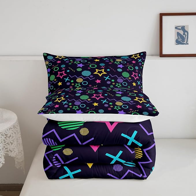 Manfei Memphis Comforter Set Queen Size, Colorful Geometric Vintage Style Quilt Set with 2 Pillowcases, 80s 90s Fashion Style Bedding Set 3pcs for Kids Boys Girls Lightweight Duvet Insert