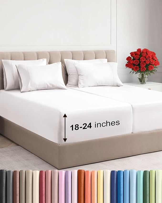 Extra Deep Split King Sheet Set - 7 Piece Breathable and Cooling Sheets - Hotel Luxury Bedding for Women, Men, Kids & Teens - Easy Secure Fit - Soft & Wrinkle Free - Extra Deep Pockets - Antique White