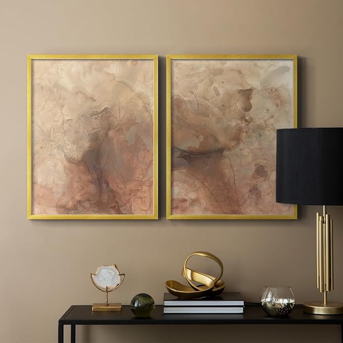 Renditions Gallery Set of 2 Peel & Stick Framed Prints, Abstract Wall Art, Brown Textured Marble Design Re-Stickable - Ready to Hang - 22"x28" - GOLD Frame LT588
