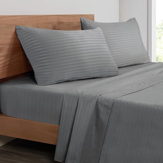 Mejoroom Striped Full Size Sheets – Extra Soft Full Size Bed Sheets - 16inches deep Pocket Full Sheet Set, Breathable, Wrinkle, Fade and Stain Resistant – 4 Piece(Gray)