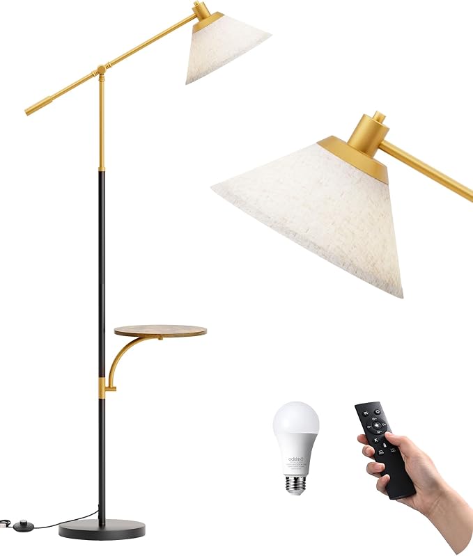EDISHINE 68" Arc Floor Lamp with Table, Vintage Standing Lamp for Living Room with Tray, Height Adjustable, 5 Color Temperatures LED Bulb Included, Beige Shade, for Bedroom Office, Wood Grain