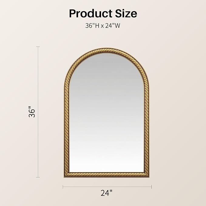 Arched Wall Decor Mirror - 24"X36" Retro Gold Large Vintage Rope-Like Metal Framed Mirror for Wall Decor, Vanity Mirrors for Bathroom, Living Room, Bedroom, Fireplace