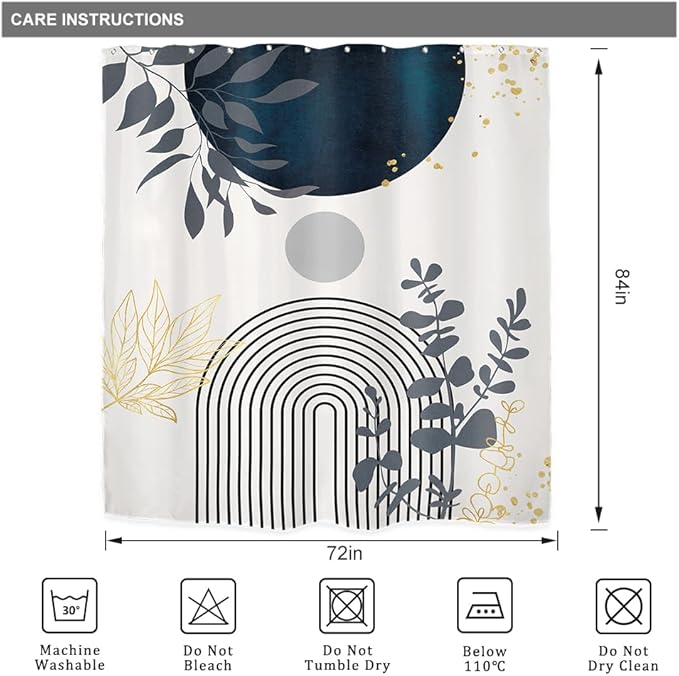 Riyidecor Navy Blue Boho Mid Century Shower Curtain for Bathroom Decor 72Wx84H Extra Long Modern Abstract Gold Leaves Minimalist Geometric Art Printed Fabric Polyester Waterproof 12 Pack Plastic Hooks