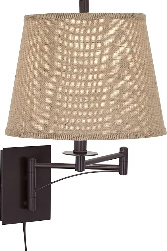 Franklin Iron Works Brinly Farmhouse Rustic Swing Arm Wall Lamp Matte Brown Metal Plug-in 12" Fixture Burlap Hardback Drum Shade for Cottage Core Bedroom Bedside Living Room Hallway Dining House