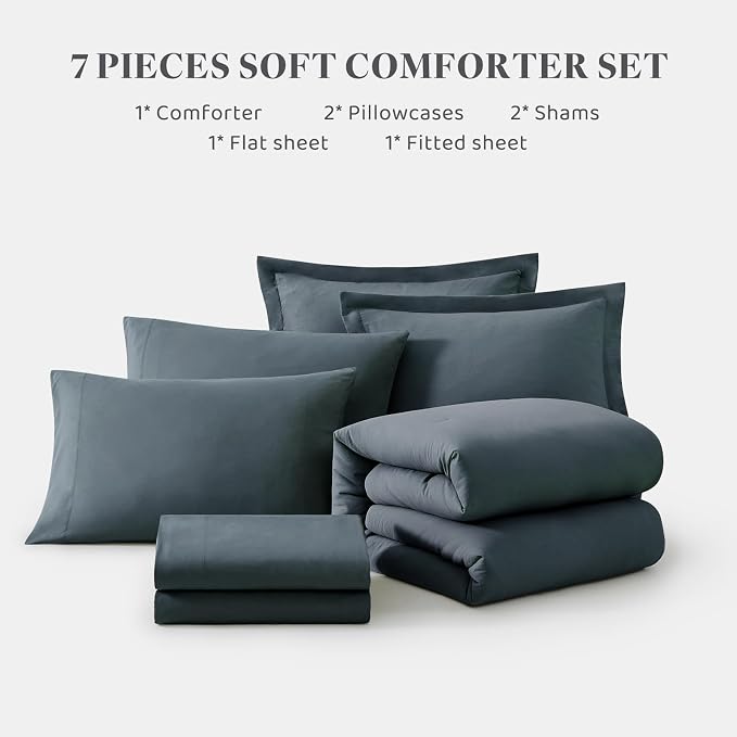 WRENSONGE Queen Comforter Set - 7 Pieces Blue Grey Bed in a Bag Queen with Sheets, 2 Pillow Shams, and 2 Pillowcases- Warm Bedding Sets Queen for All Season