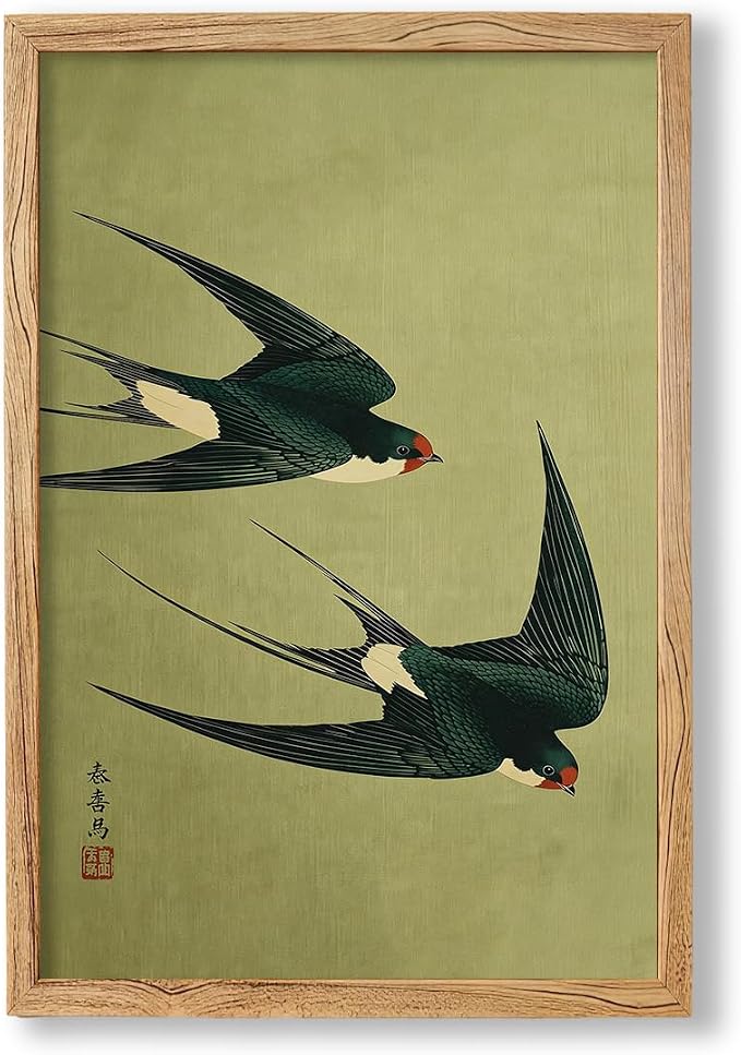 Framed Japanese Flying Swallow Wall Art Asian Japandi Bird Animal Poster Nature Vintage Green Canvas Prints for Living Room Bedroom Home Decor 16x24 inch