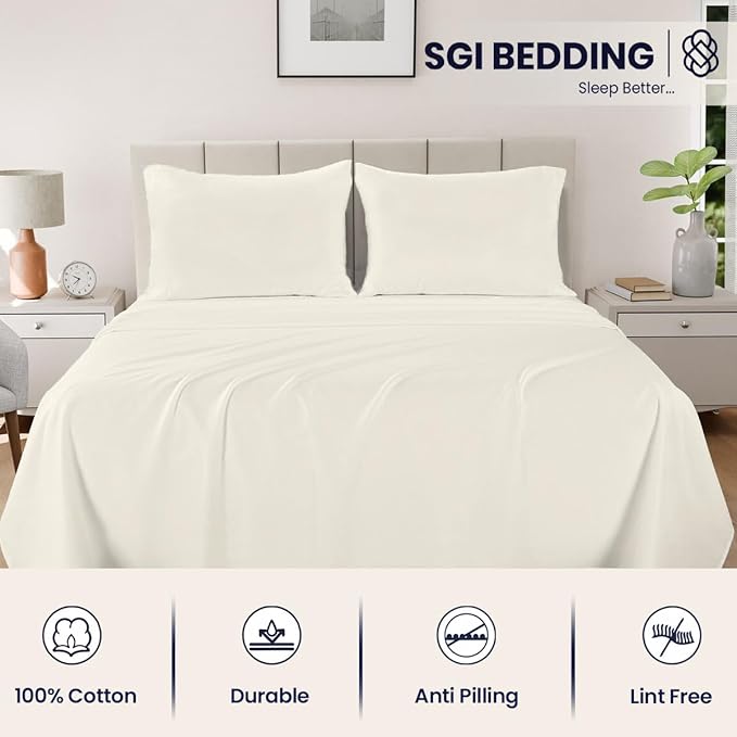 SGI bedding 600 Thread Count 100% Egyptian Cotton Queen Sheet Set Ivory – Luxury 4-Piece Super Soft Bed Sheets, Breathable Hotel-Quality Bedding, 15” Deep Fitted, Cooling, Durable & Non-Pilling